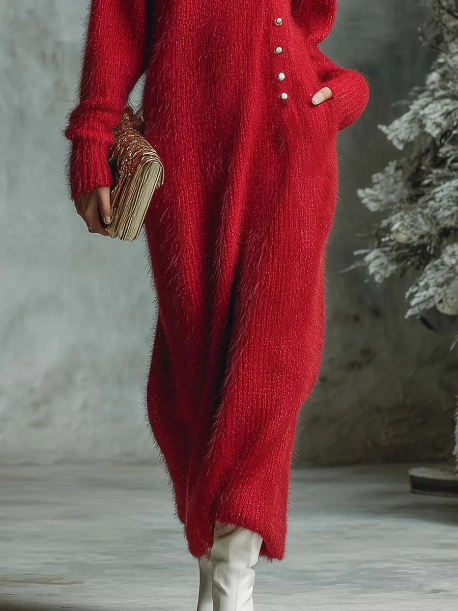 Vintage Exquisite And Comfortable High Collar Button Decoration Red Imitation Rabbit Fur Knitted Maxi Dress sold by Oyrosy product image thumbnail 4