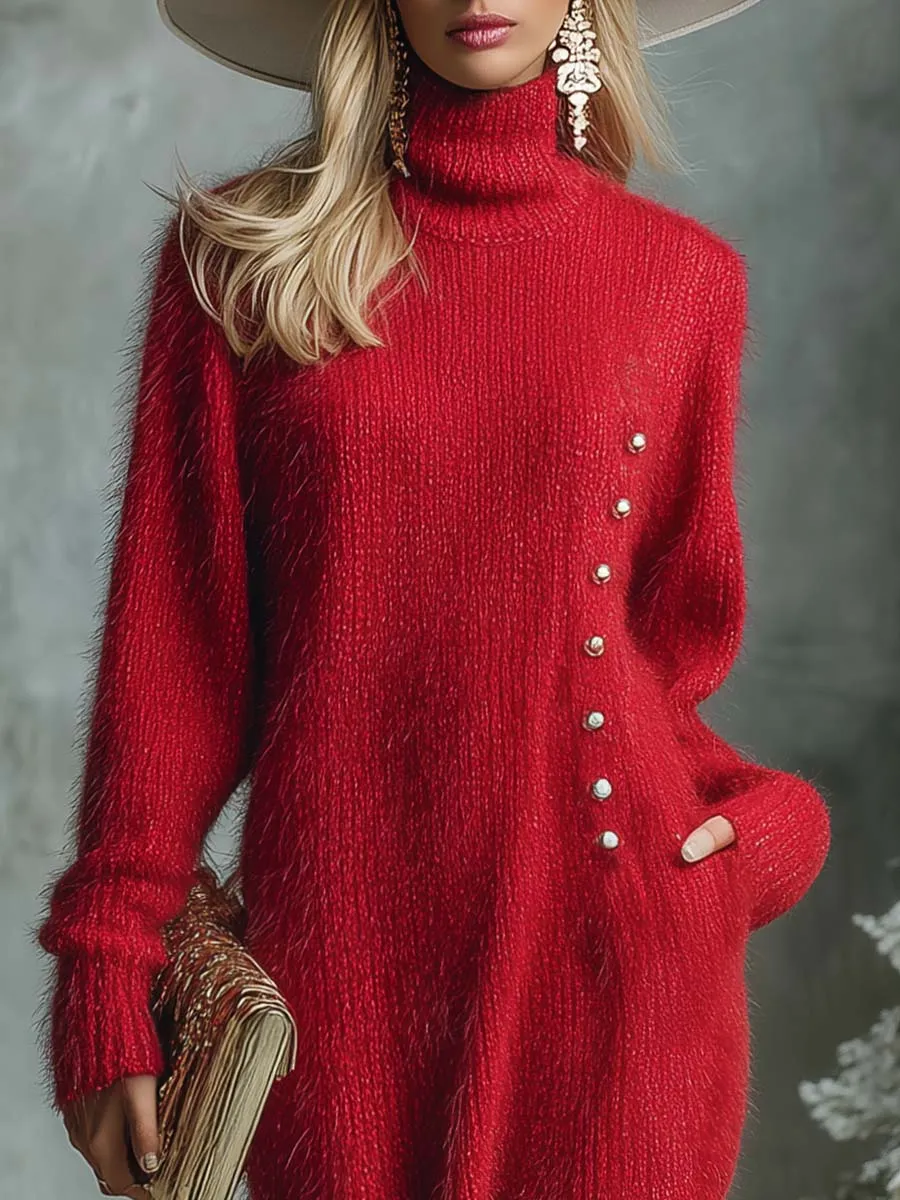 Vintage Exquisite And Comfortable High Collar Button Decoration Red Imitation Rabbit Fur Knitted Maxi Dress sold by Oyrosy product image thumbnail 3