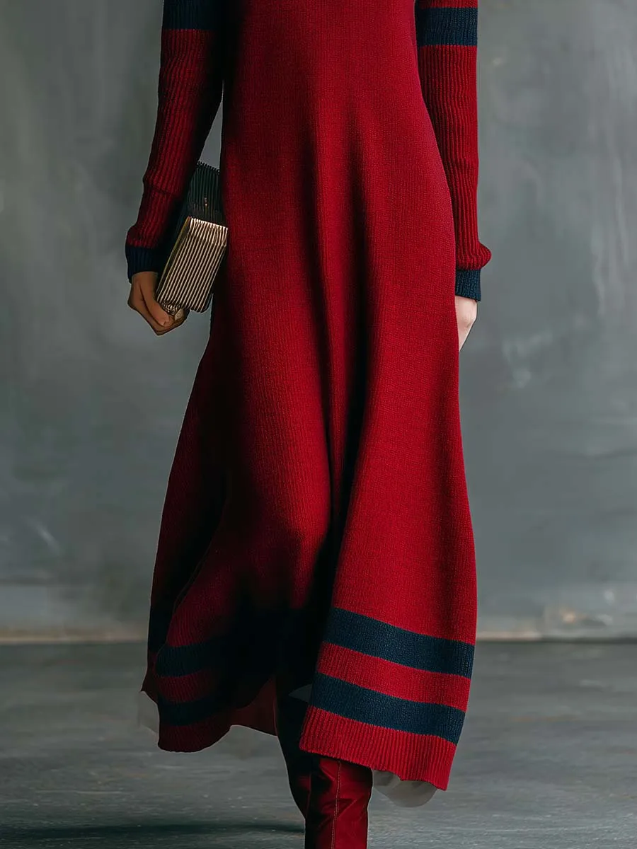 Vintage Fashion Sporty V-neck Front Button Navy Contrast Stripes Red Knitted Maxi Dress sold by Oyrosy product image thumbnail 4