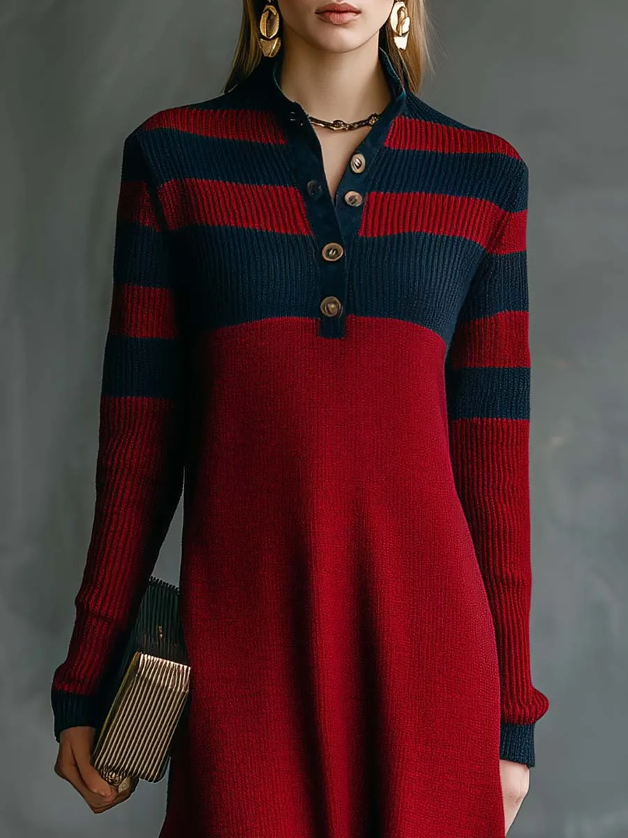 Vintage Fashion Sporty V-neck Front Button Navy Contrast Stripes Red Knitted Maxi Dress sold by Oyrosy product image thumbnail 3