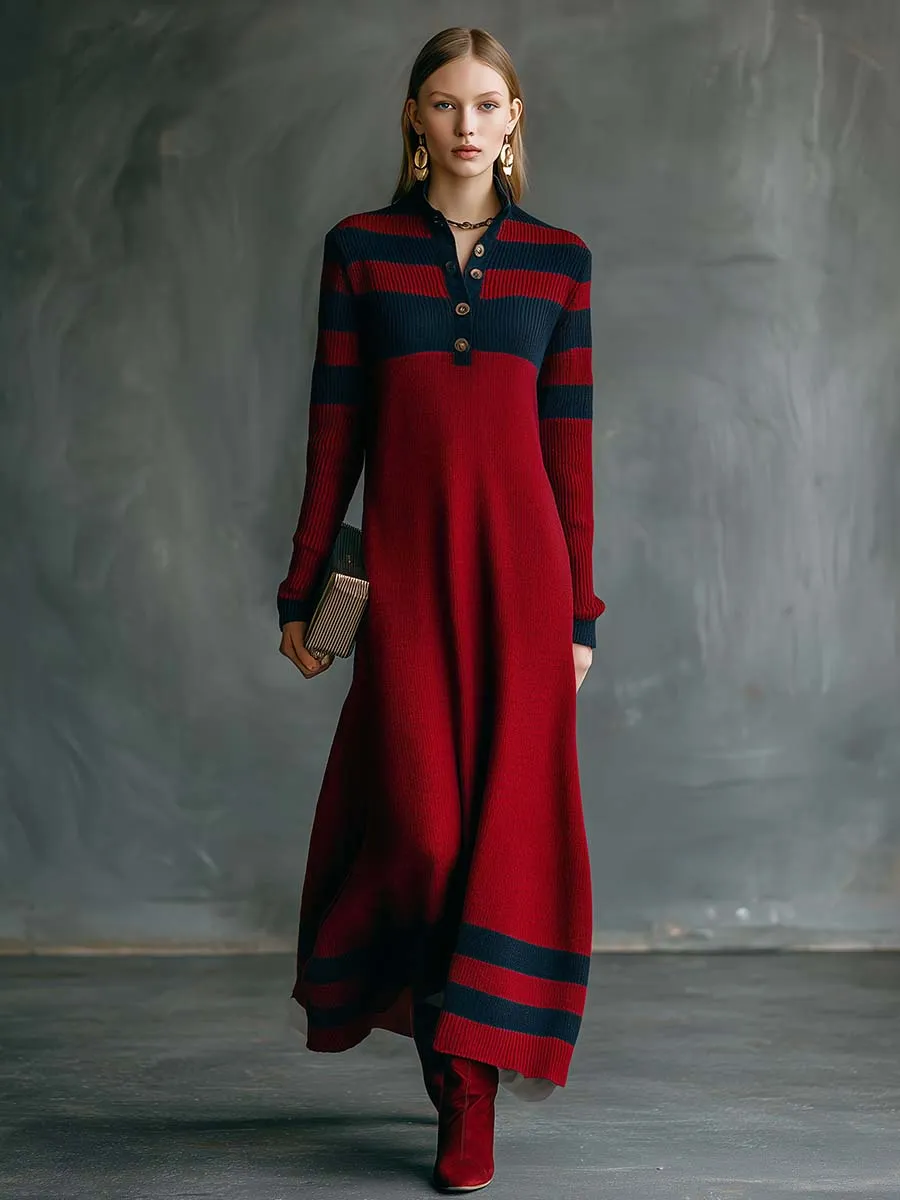 Vintage Fashion Sporty V-neck Front Button Navy Contrast Stripes Red Knitted Maxi Dress sold by Oyrosy product image thumbnail 2
