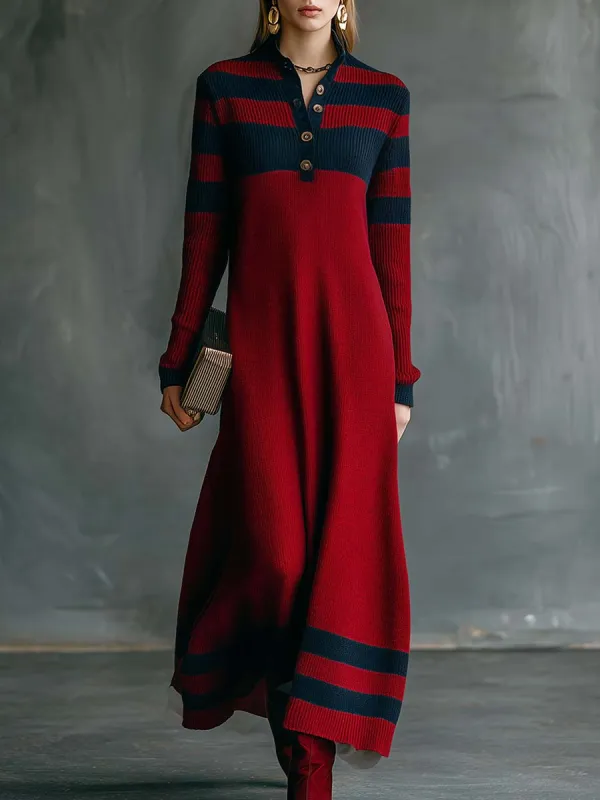 Vintage Fashion Sporty V-neck Front Button Navy Contrast Stripes Red Knitted Maxi Dress sold by Oyrosy