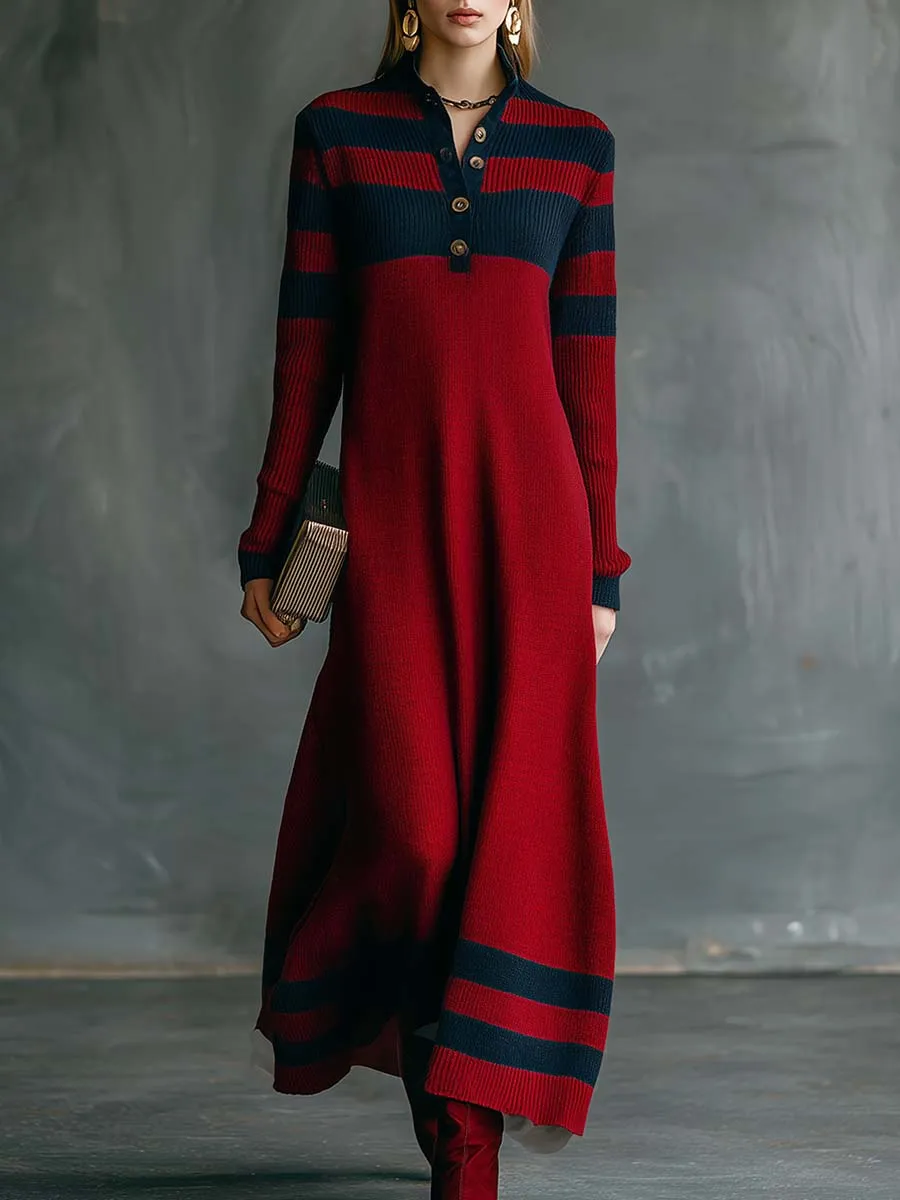 Vintage Fashion Sporty V-neck Front Button Navy Contrast Stripes Red Knitted Maxi Dress sold by Oyrosy