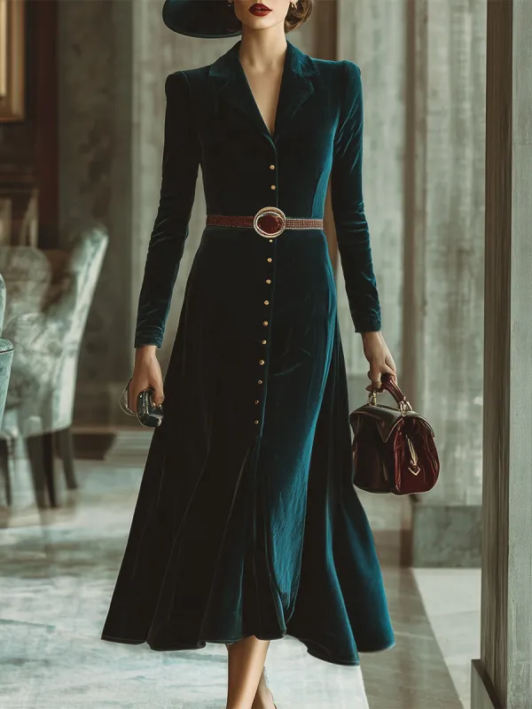 Elegant Sapphire Blue Velvet Button-down Maxi Dress With Belt sold by Oyrosy