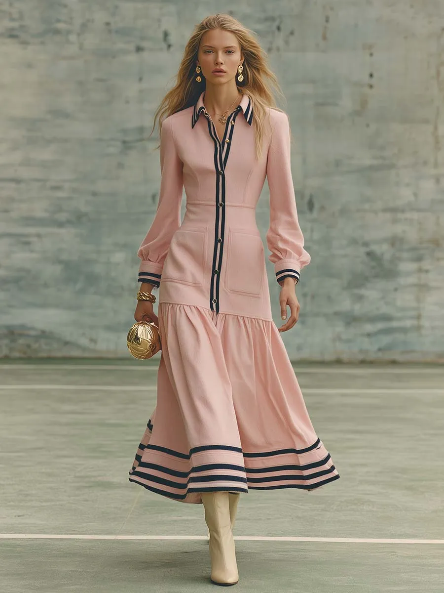 Vintage Exquisite Sports Lapel Front Button Black Trim Pink Midi Dress sold by Oyrosy product image thumbnail 2