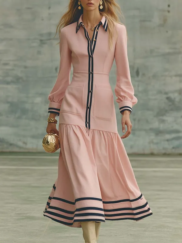 Vintage Exquisite Sports Lapel Front Button Black Trim Pink Midi Dress sold by Oyrosy