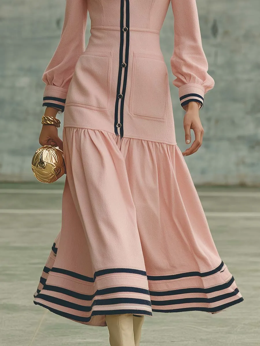 Vintage Exquisite Sports Lapel Front Button Black Trim Pink Midi Dress sold by Oyrosy product image thumbnail 4