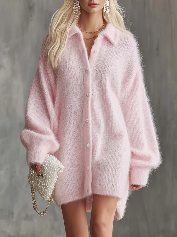 Fashionable And Comfortable Exquisite Pink Imitation Rabbit Fur Knitted Shirt-style Mini Dress sold by Oyrosy