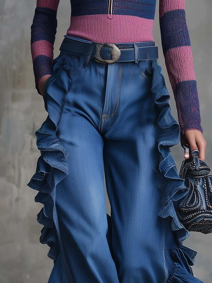 Vintage Western Exquisite Ruffle Trim Blue Denim Wide-leg Pants sold by Oyrosy product image thumbnail 3