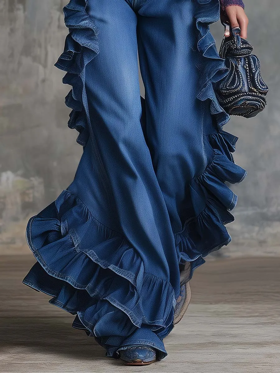 Vintage Western Exquisite Ruffle Trim Blue Denim Wide-leg Pants sold by Oyrosy product image thumbnail 4