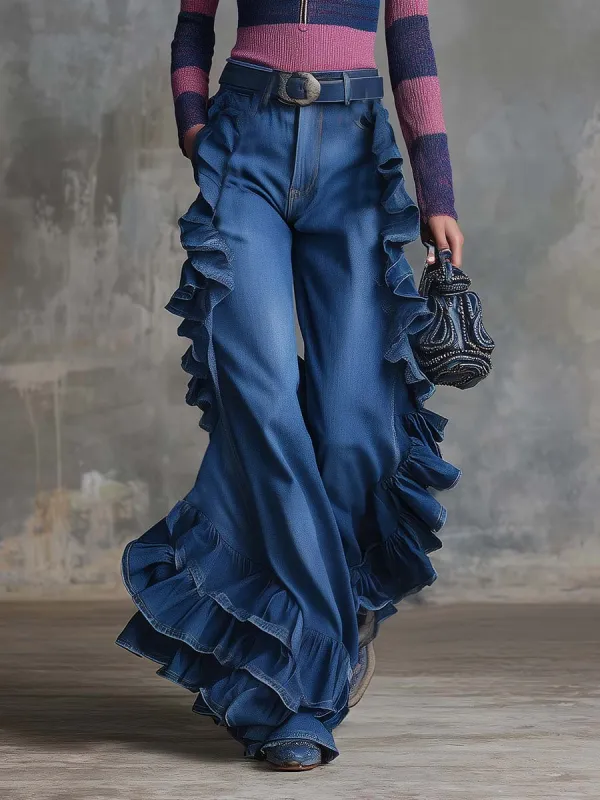 Vintage Western Exquisite Ruffle Trim Blue Denim Wide-leg Pants sold by Oyrosy
