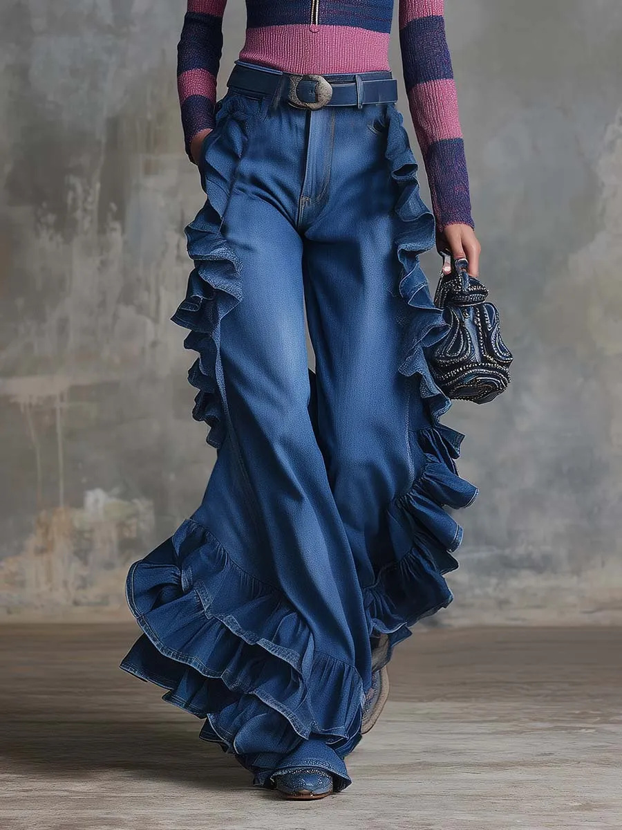 Vintage Western Exquisite Ruffle Trim Blue Denim Wide-leg Pants sold by Oyrosy