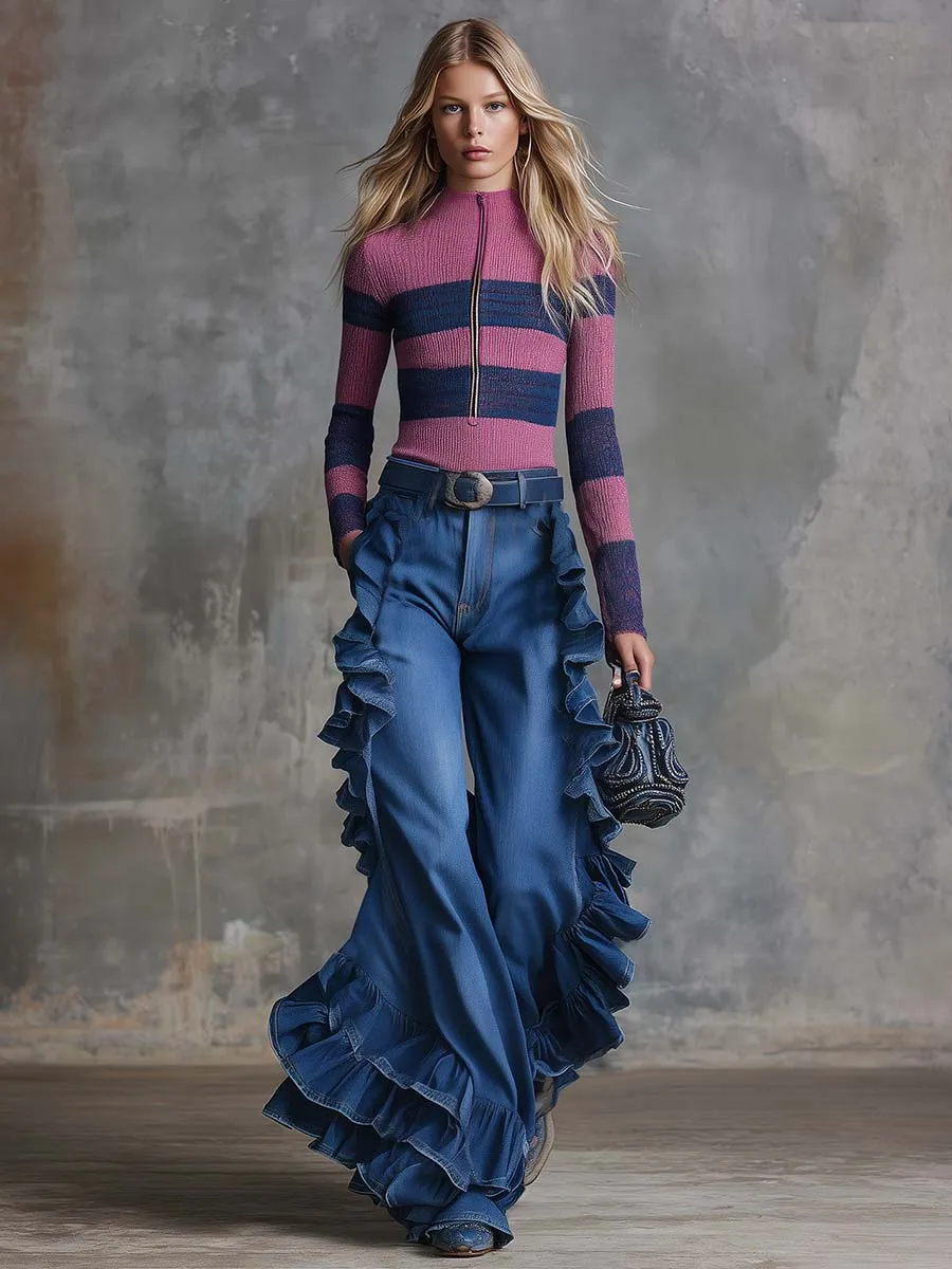 Vintage Western Exquisite Ruffle Trim Blue Denim Wide-leg Pants sold by Oyrosy product image thumbnail 2