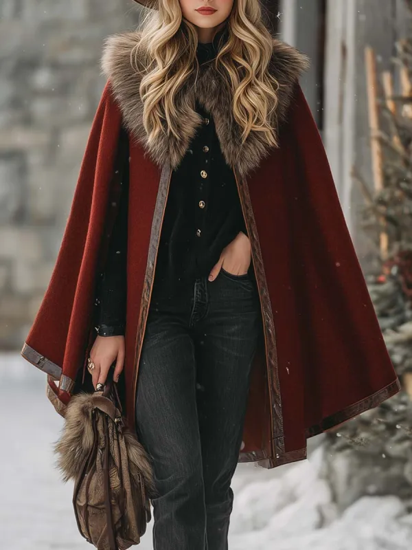 Vintage Fashion Warm Faux Fur Collar Red Woolen Cloak Coat sold by Oyrosy