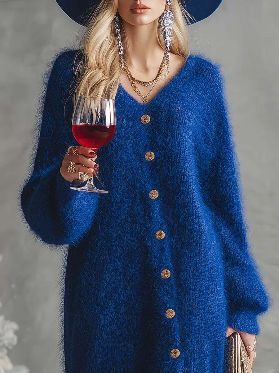 Comfortable Lazy Exquisite V-neck Front Button Royal Blue Imitation Rabbit Fur Knitted Slit Maxi Dress sold by Oyrosy product image thumbnail 3