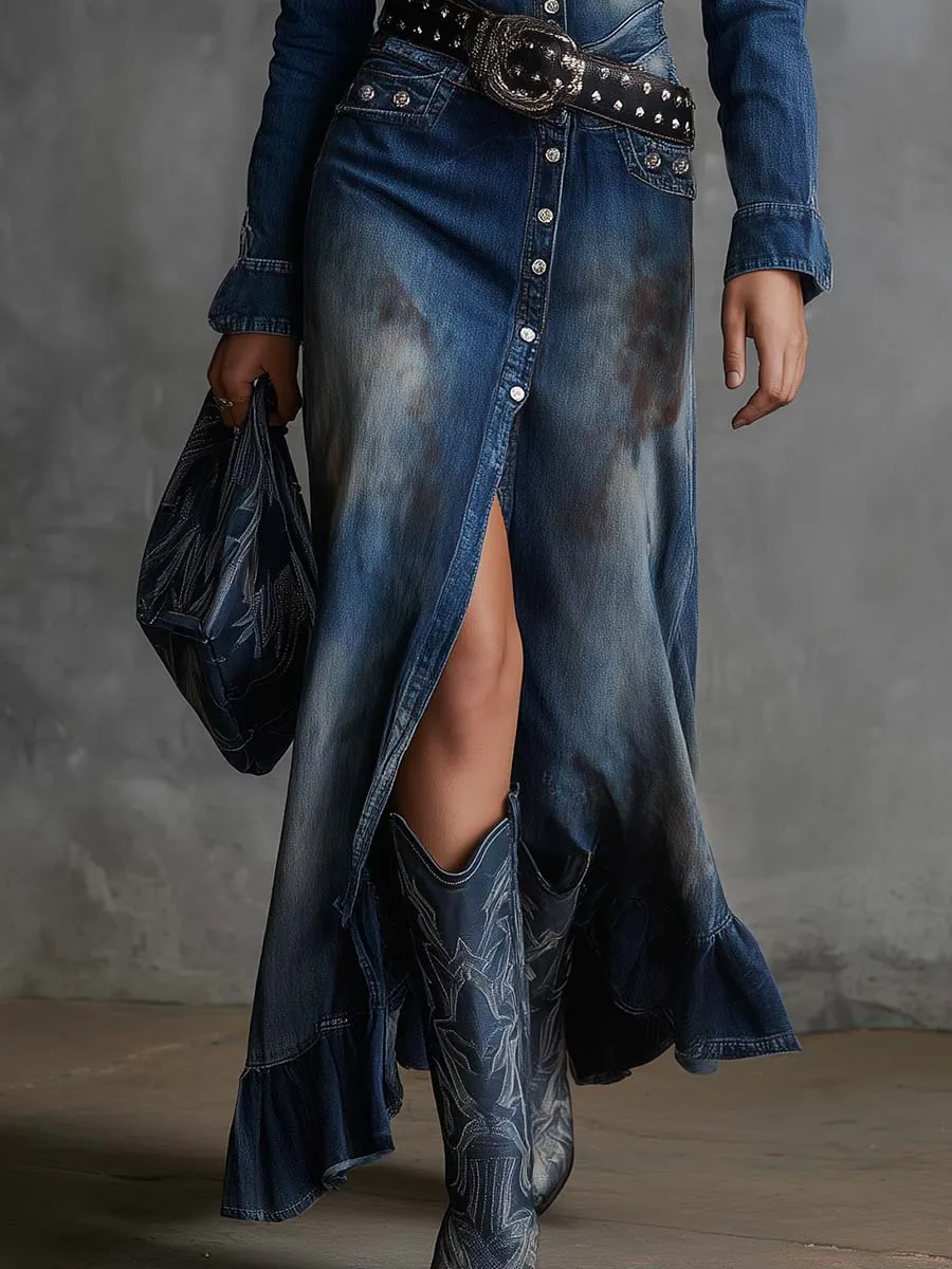 Vintage Western Distressed V-neck Front Button Closure Dark Blue Denim Slit Maxi Dress sold by Oyrosy product image thumbnail 4