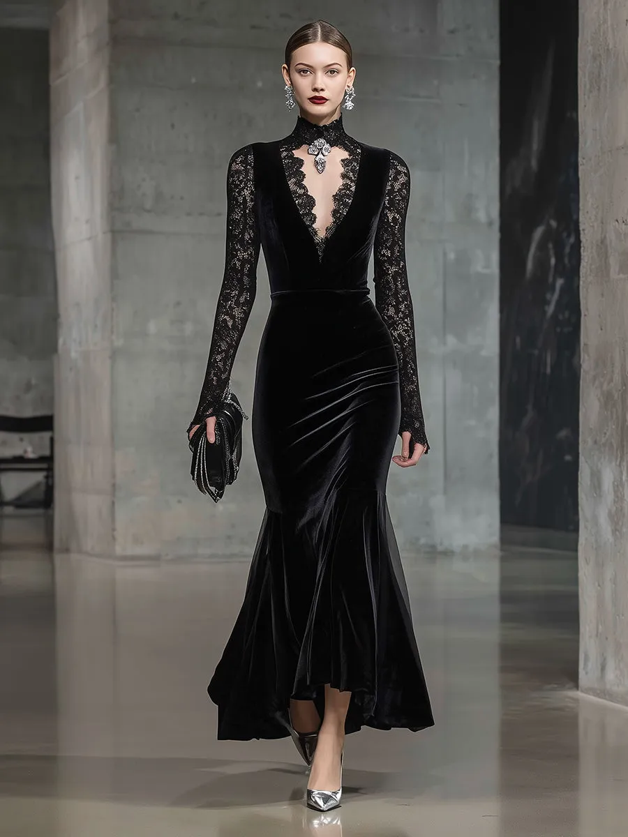 Elegant Velvet Stitching Black Lace Unique Design Neckline Maxi Dress sold by Oyrosy product image thumbnail 2