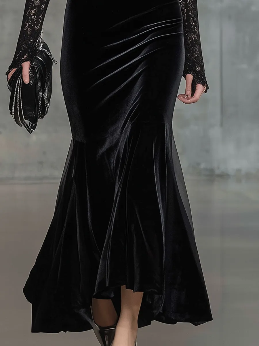 Elegant Velvet Stitching Black Lace Unique Design Neckline Maxi Dress sold by Oyrosy product image thumbnail 3