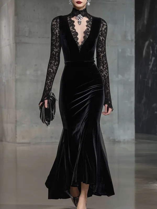 Elegant Velvet Stitching Black Lace Unique Design Neckline Maxi Dress sold by Oyrosy