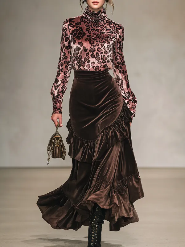 Vintage Leopard Print Stand-up Collar Velvet T-shirt And Ruffled Skirt Set sold by Oyrosy