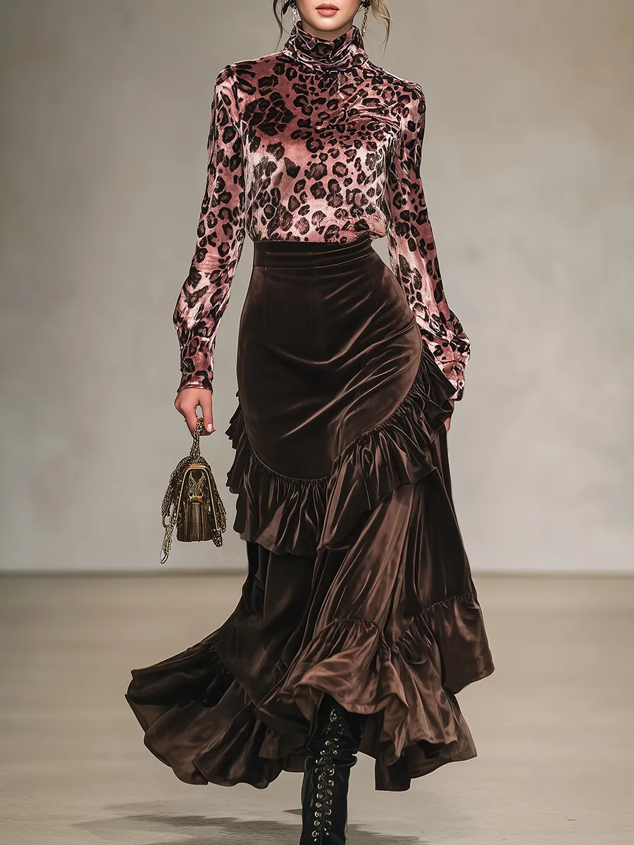 Vintage Leopard Print Stand-up Collar Velvet T-shirt And Ruffled Skirt Set sold by Oyrosy