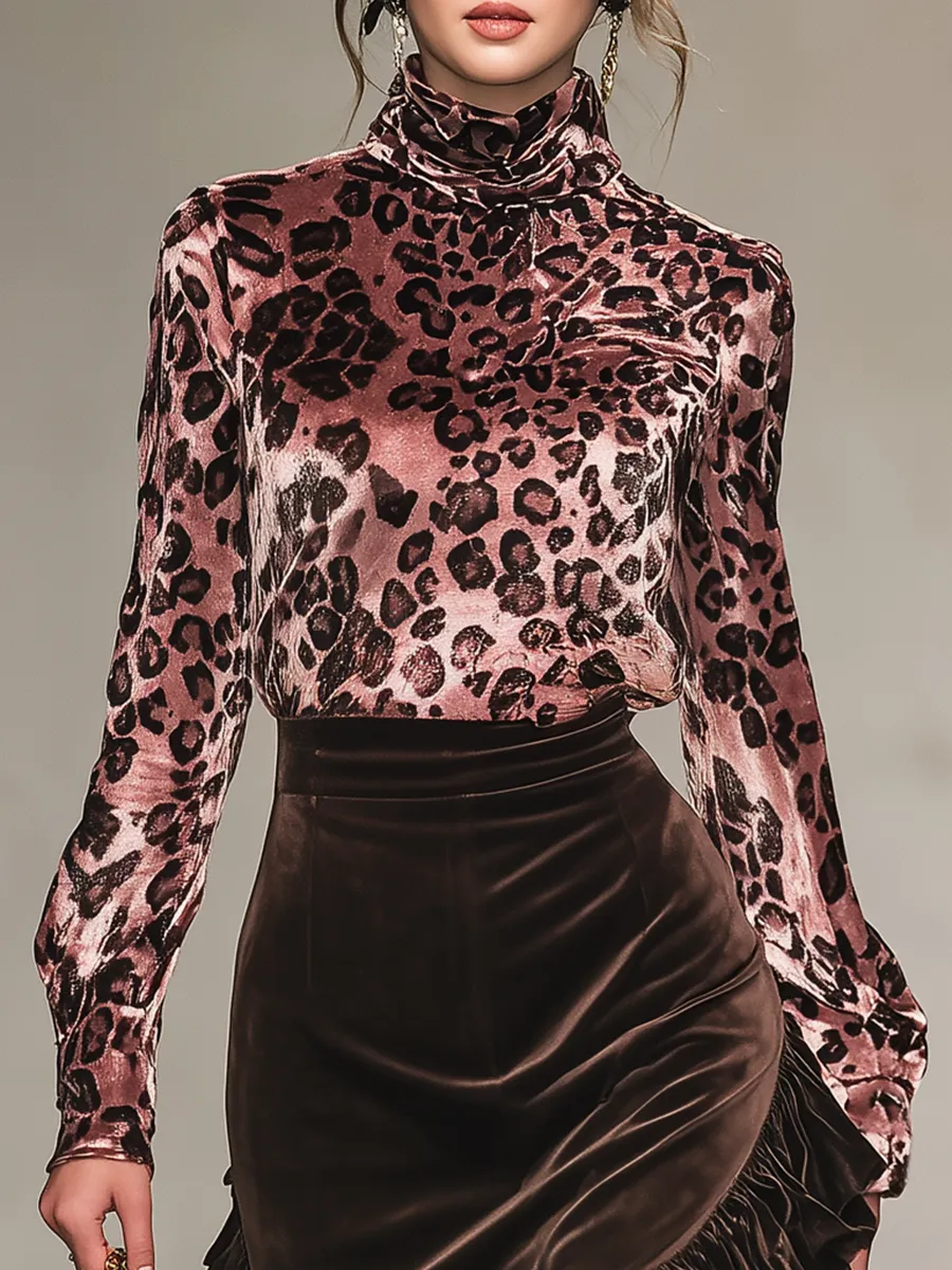 Vintage Leopard Print Stand-up Collar Velvet T-shirt And Ruffled Skirt Set sold by Oyrosy product image thumbnail 3