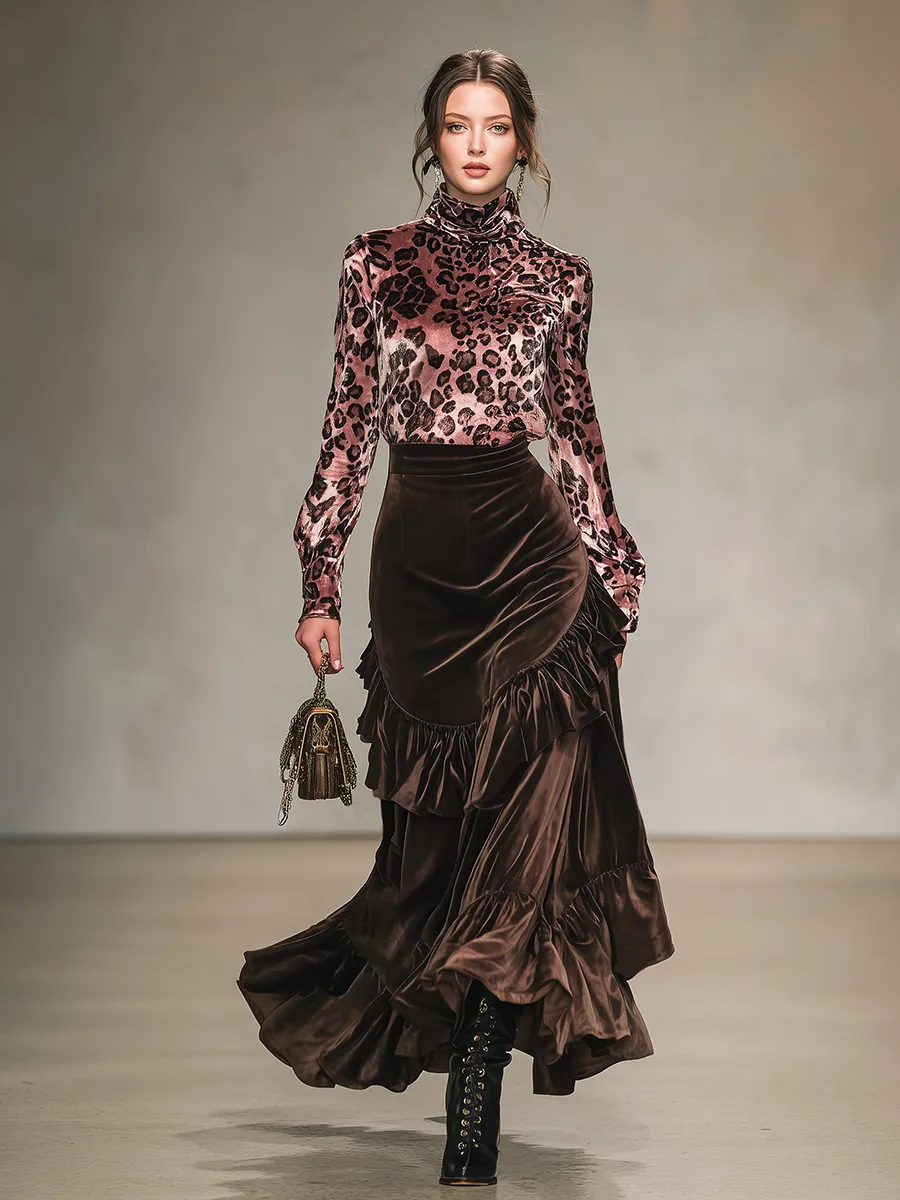 Vintage Leopard Print Stand-up Collar Velvet T-shirt And Ruffled Skirt Set sold by Oyrosy product image thumbnail 2