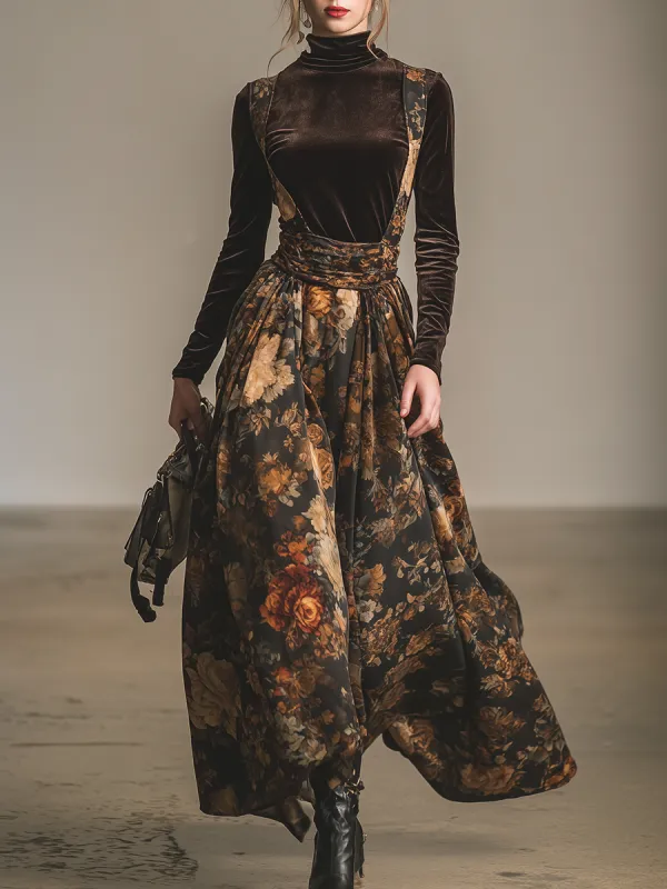 Vintage Stand-up Collar Velvet T-shirt And Floral Print Suspender Skirt sold by Oyrosy