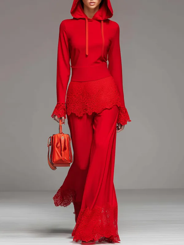 Elegant Casual Hoodie And Lace Panel Flared Pants Set sold by Oyrosy