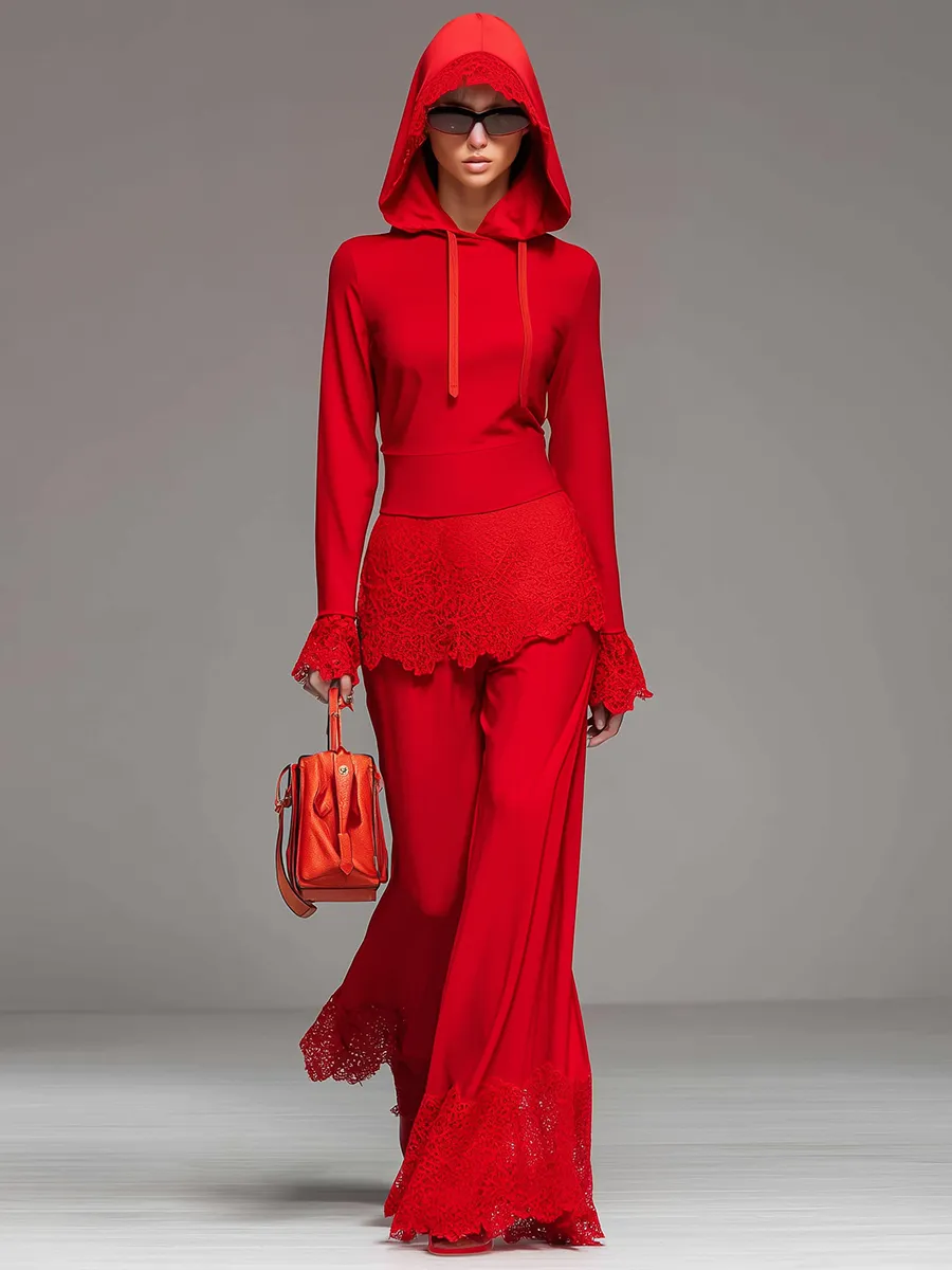Elegant Casual Hoodie And Lace Panel Flared Pants Set sold by Oyrosy product image thumbnail 2
