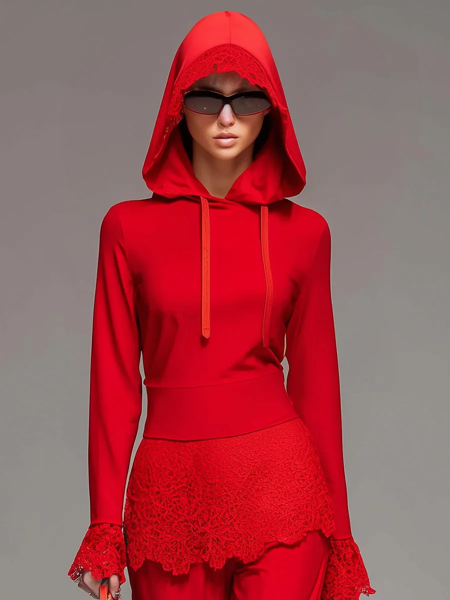 Elegant Casual Hoodie And Lace Panel Flared Pants Set sold by Oyrosy product image thumbnail 3