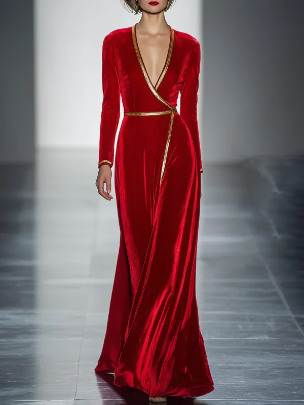 Retro Elegant Gold Trim V-Neck Velvet Maxi Dress sold by Oyrosy