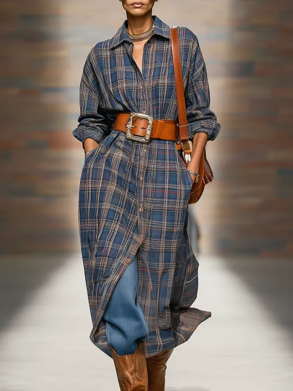 Retro Plaid Lapel Long Sleeve Shirt Dress sold by Oyrosy
