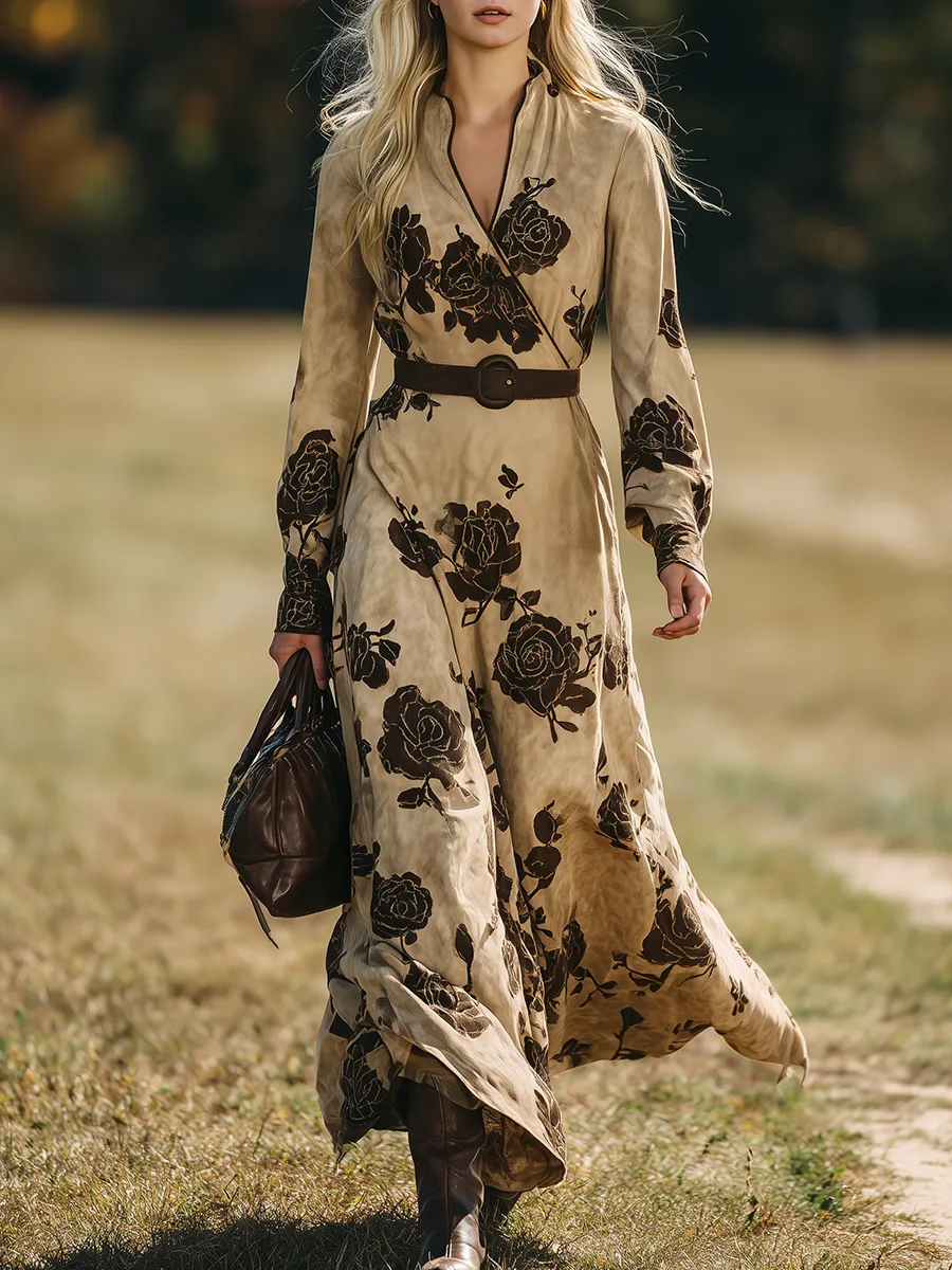 Retro Western Style V-Neck Rose Print Faux Suede Maxi Dress sold by Oyrosy