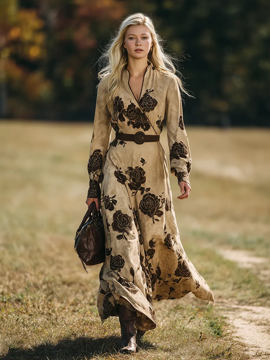 Retro Western Style V-Neck Rose Print Faux Suede Maxi Dress sold by Oyrosy product image thumbnail 2