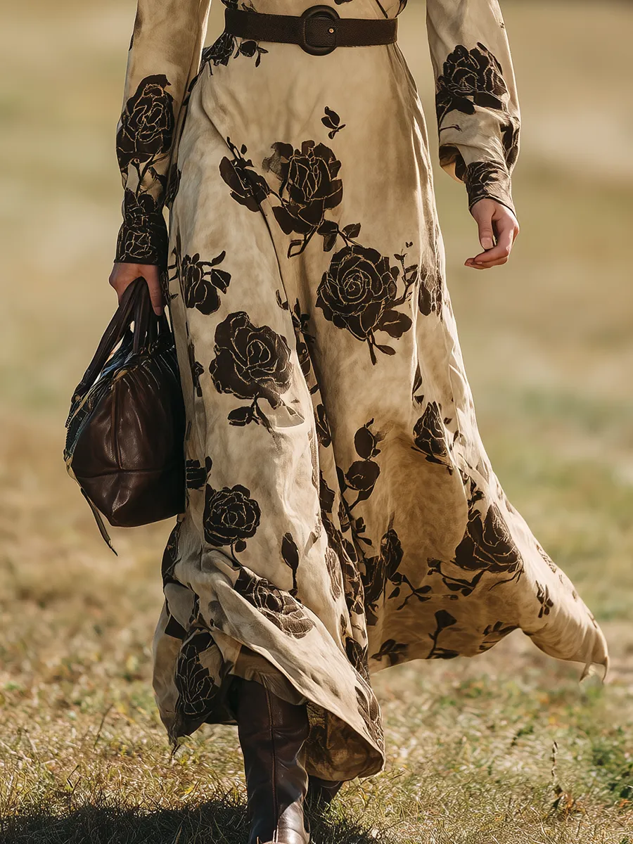 Retro Western Style V-Neck Rose Print Faux Suede Maxi Dress sold by Oyrosy product image thumbnail 4