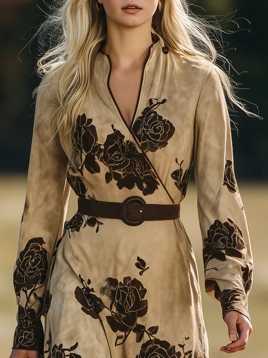 Retro Western Style V-Neck Rose Print Faux Suede Maxi Dress sold by Oyrosy product image thumbnail 3