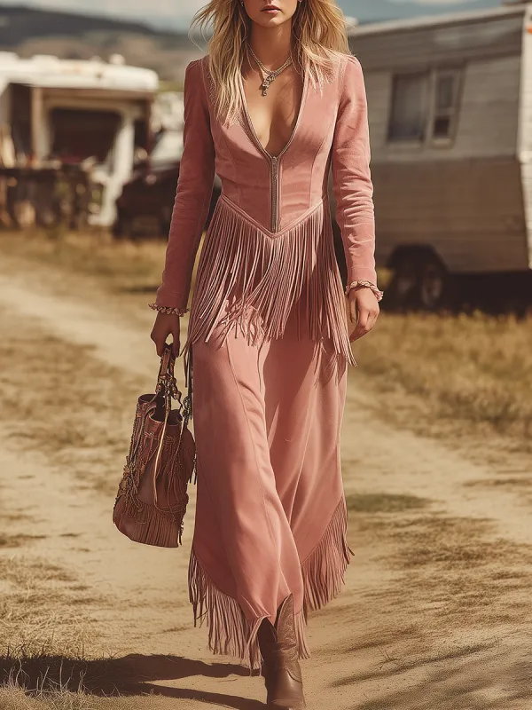 Retro Western Style Zipper V-Neck Tassel Maxi Dress sold by Oyrosy
