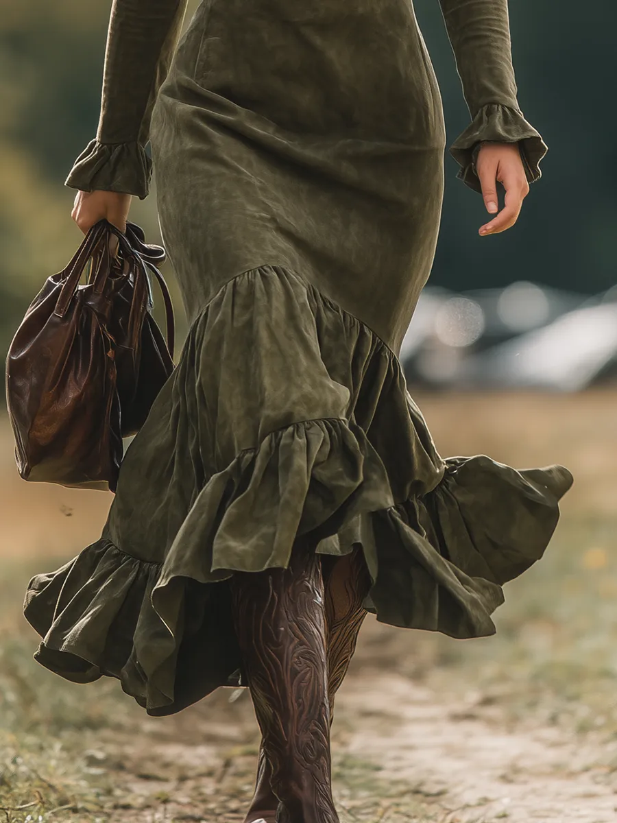 Retro Western Style Zipper V-Neck Ruffled Faux Suede Maxi Dress sold by Oyrosy product image thumbnail 4