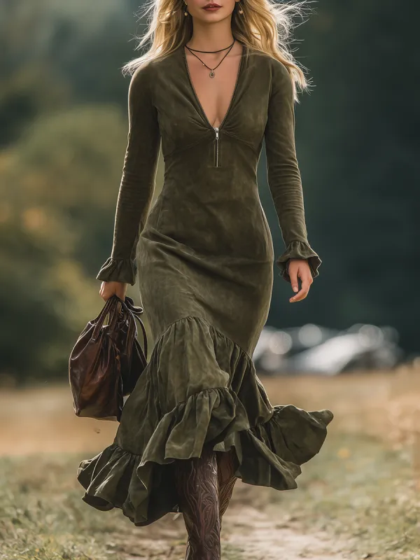 Retro Western Style Zipper V-Neck Ruffled Faux Suede Maxi Dress sold by Oyrosy