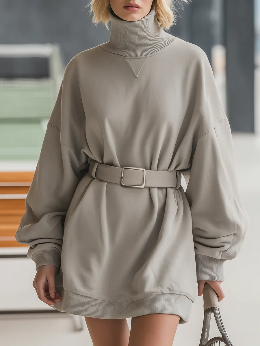 Retro Sports Stand Collar Loose Solid Color Mini Dress sold by Oyrosy