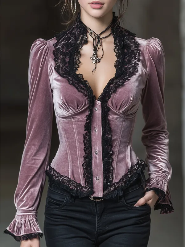Fashion Pink Velvet And Black Lace Button-Down Shirt sold by Oyrosy