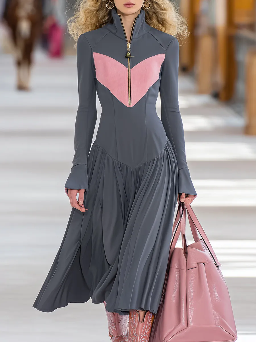 High-end Sports Style Color-blocked Half-zip Pleated Skirt Midi Dress sold by Oyrosy