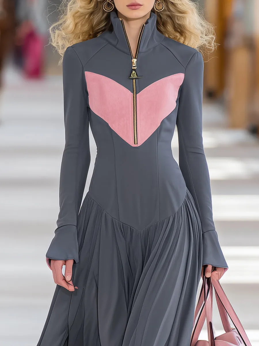 High-end Sports Style Color-blocked Half-zip Pleated Skirt Midi Dress sold by Oyrosy product image thumbnail 3