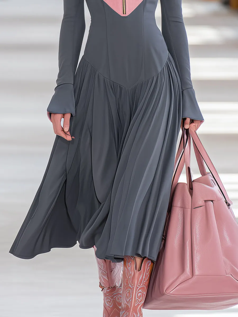 High-end Sports Style Color-blocked Half-zip Pleated Skirt Midi Dress sold by Oyrosy product image thumbnail 4