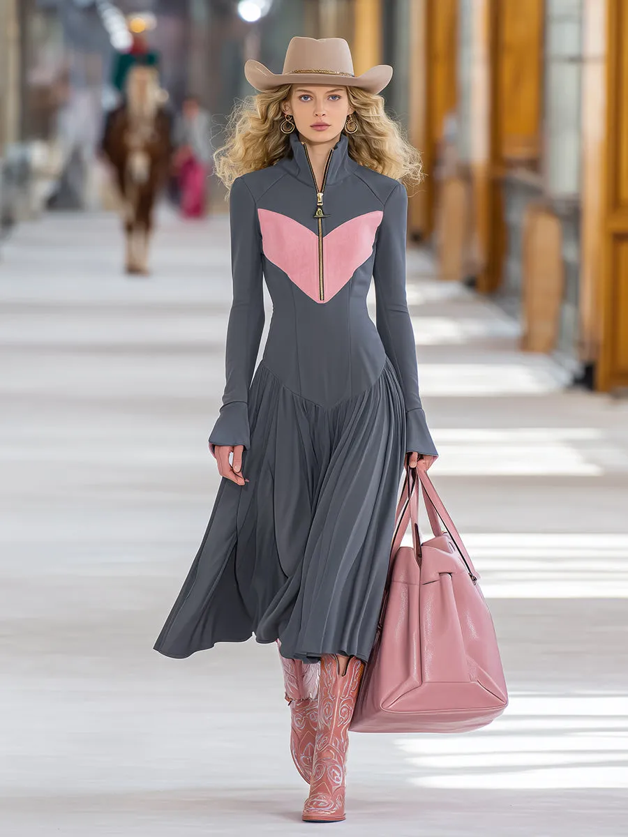 High-end Sports Style Color-blocked Half-zip Pleated Skirt Midi Dress sold by Oyrosy product image thumbnail 2