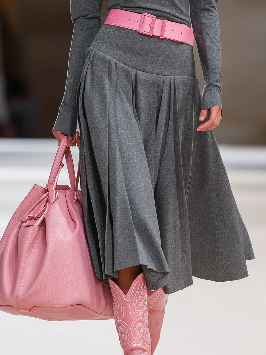 High-end Sports Style Half-zip Pleated Skirt Grey Midi Dress sold by Oyrosy product image thumbnail 4