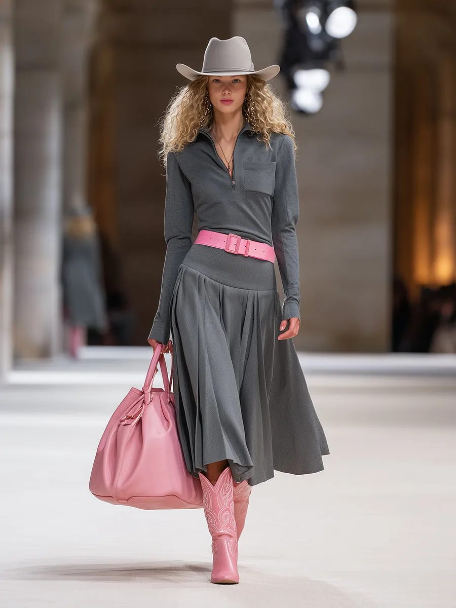 High-end Sports Style Half-zip Pleated Skirt Grey Midi Dress sold by Oyrosy product image thumbnail 2