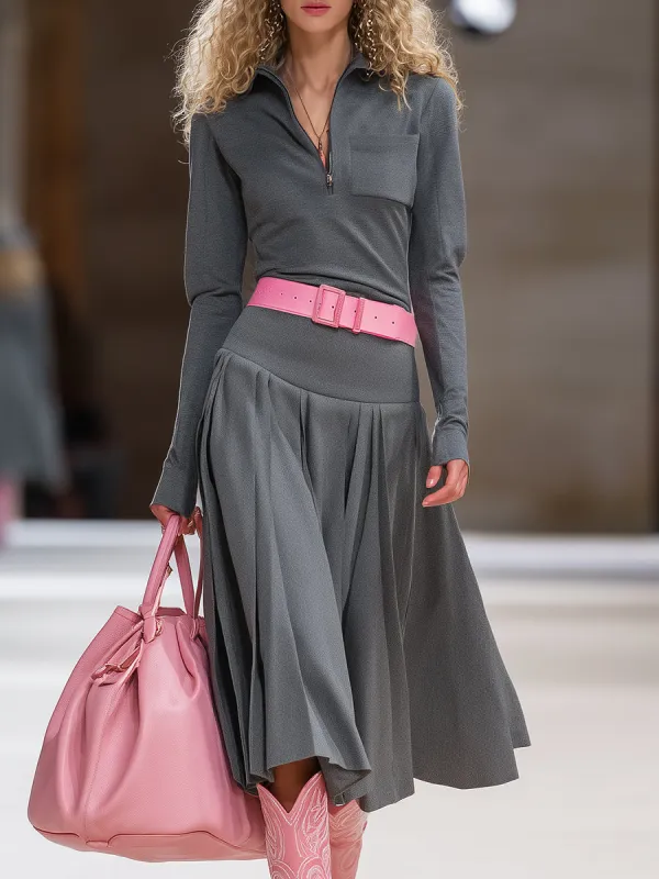 High-end Sports Style Half-zip Pleated Skirt Grey Midi Dress sold by Oyrosy