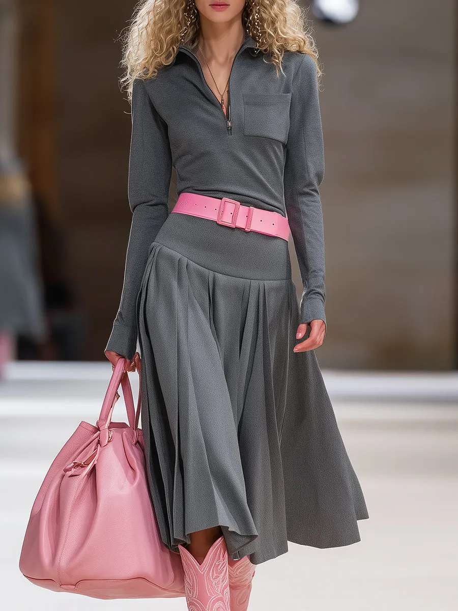 High-end Sports Style Half-zip Pleated Skirt Grey Midi Dress sold by Oyrosy